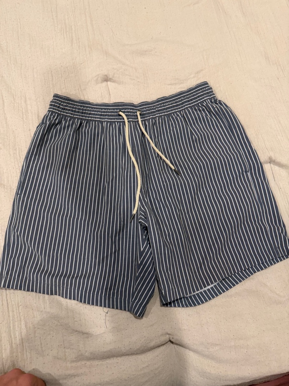 Fair Harbor Navy and White Striped Swim Trunks